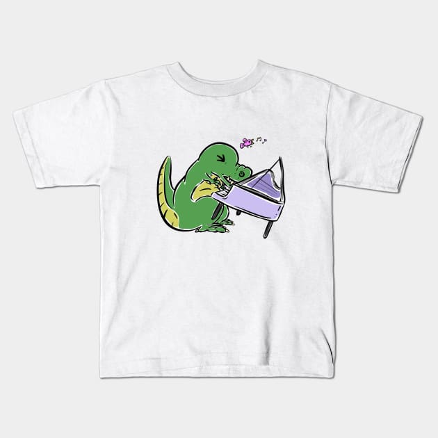 Piano Player Tyrannosaurus Dinosaur Dino Cartoon Cute Character Kids T-Shirt by Squeeb Creative